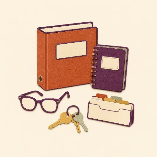 Illustration of a binder, notebook, glasses, keys, and a file box
