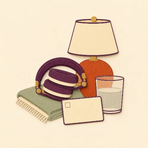 Illustration of a lamp, folded blanket, headphones, water glass, and checklist card