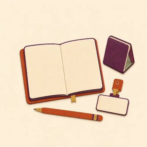 Illustration of an open journal, a compact mirror, and a pencil
