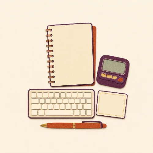 Illustration of a spiral notebook, keyboard, pager, note card, and pen