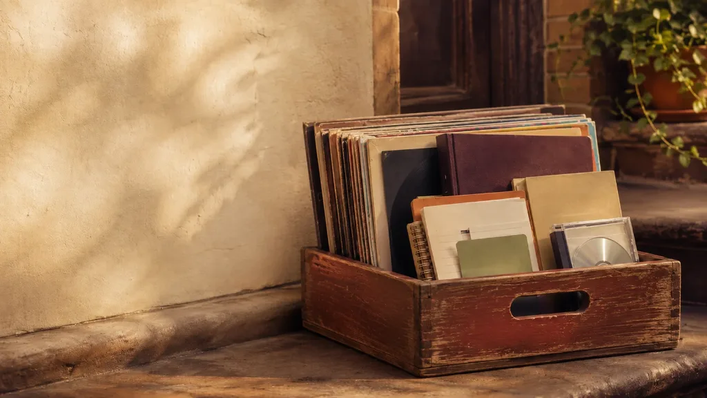 A wooden crate holding vinyl records, notebooks, and CDs on a sunlit stoop step