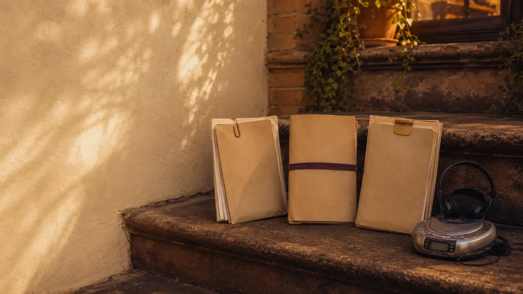 Three paper folders with a small radio and headphones on sunlit stone steps