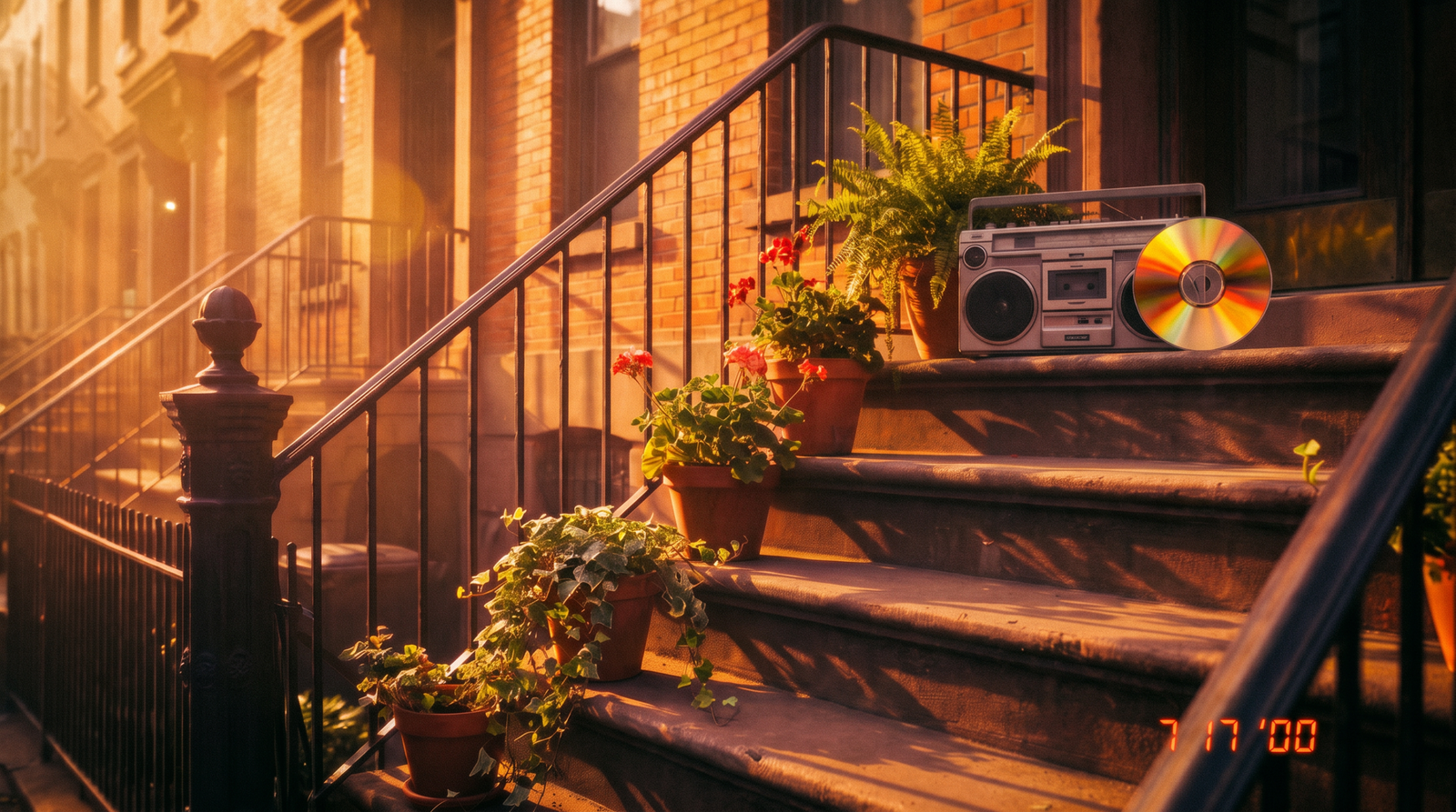 A brownstone stoop at golden hour with potted geraniums, ivy, and ferns, plus a vintage boombox and a CD resting on the steps, wrought-iron railing catching warm evening light.
