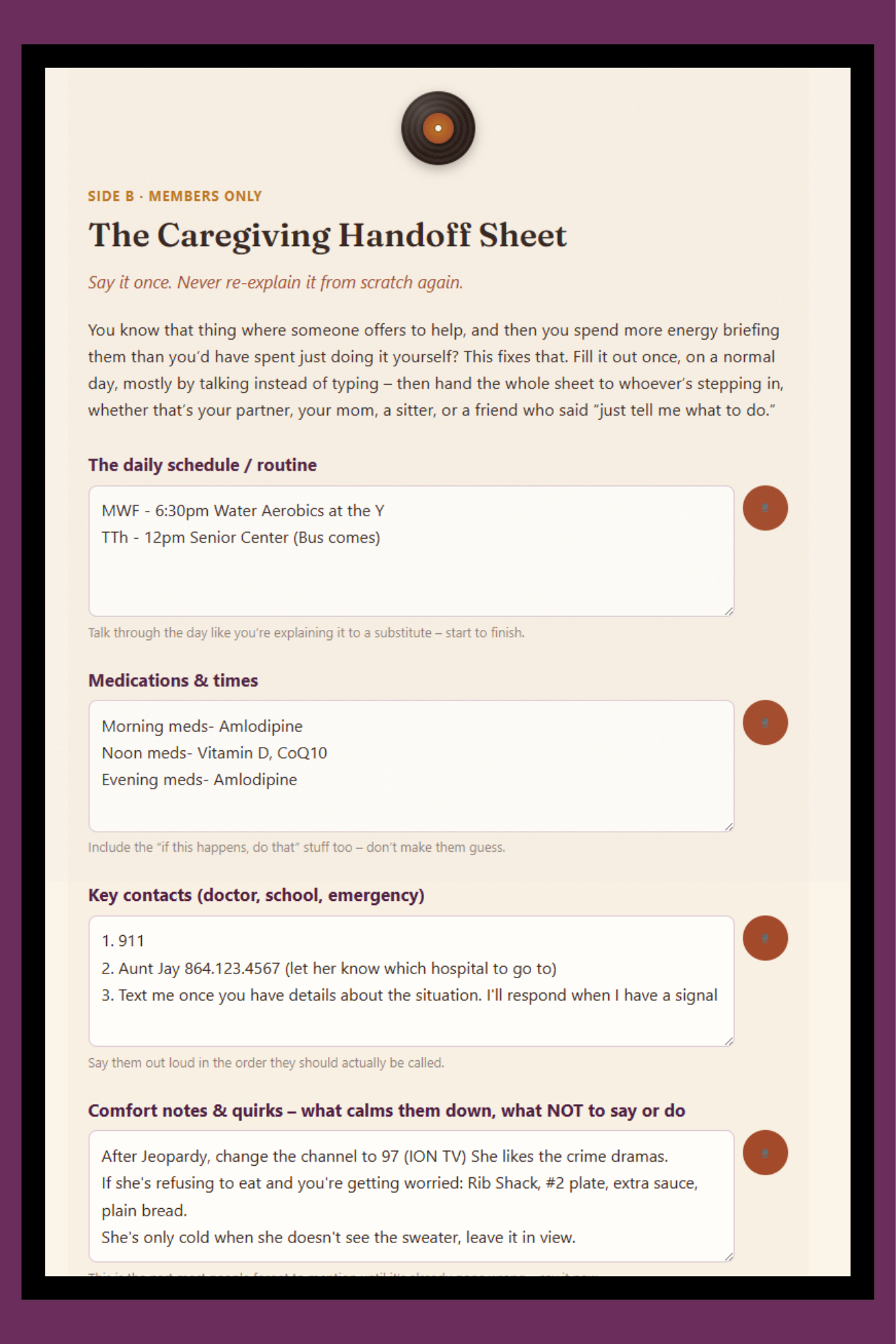 Screenshot of a real page from the Care Week Handoff Sheet, showing meds, contacts, routines, and a quick-reference guide